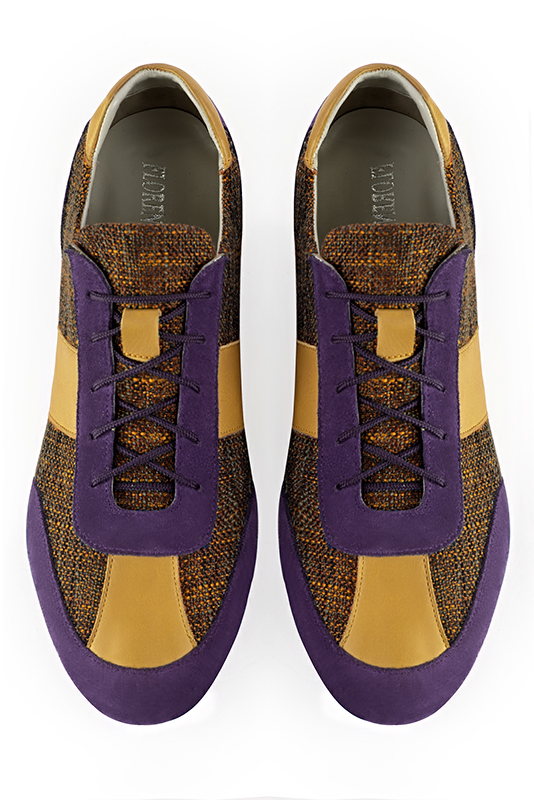 Amethyst purple, terracotta orange and mustard yellow three-tone dress sneakers for men. Round toe. Flat rubber soles. Top view - Florence KOOIJMAN